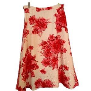 Coldwater Creek Pink White Linen Skirt M Floral Sequins Womens Size Medium